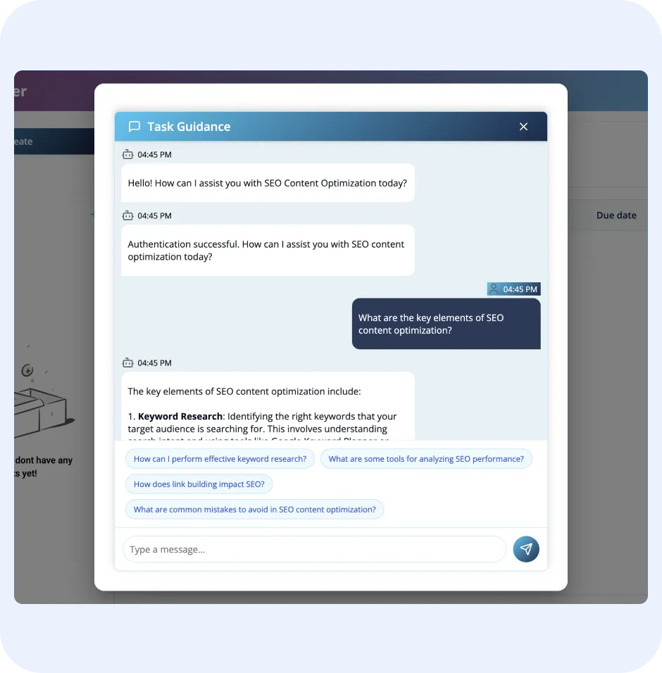 AI chatbot interface providing task guidance for SEO content optimization, featuring user questions and responses about keyword research and SEO strategies.